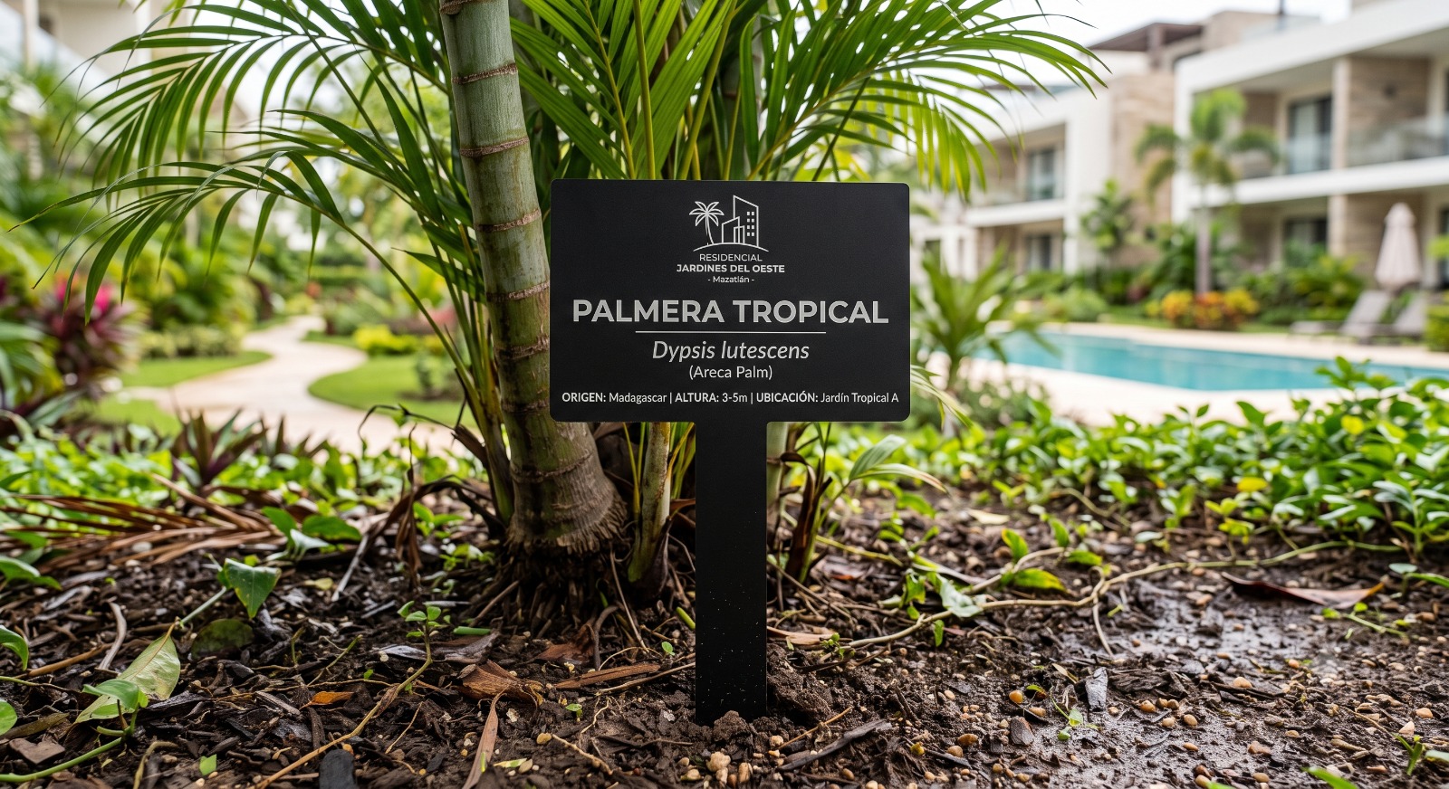 Señalización grabada en material oscuro para exteriores y jardines